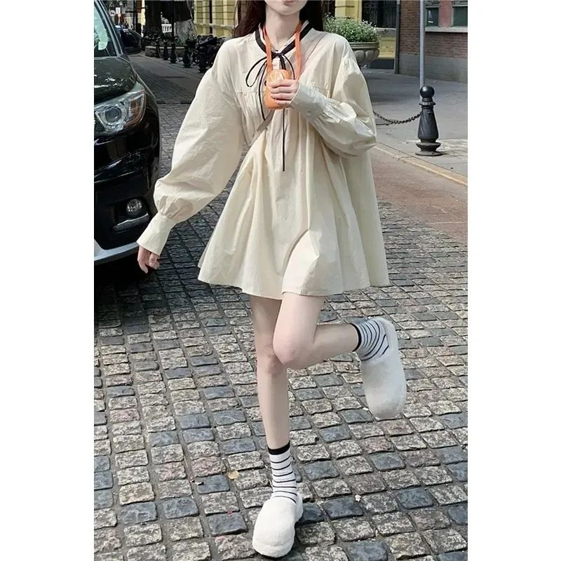 法式長袖泡泡袖連衣裙女2023春裝新款茶系襯衫娃娃裙短裙裙子春裝