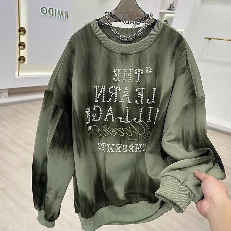 重工釘珠刺繡加絨衛衣女2023秋冬新款扎染印花慵懶風寬鬆洋氣上衣