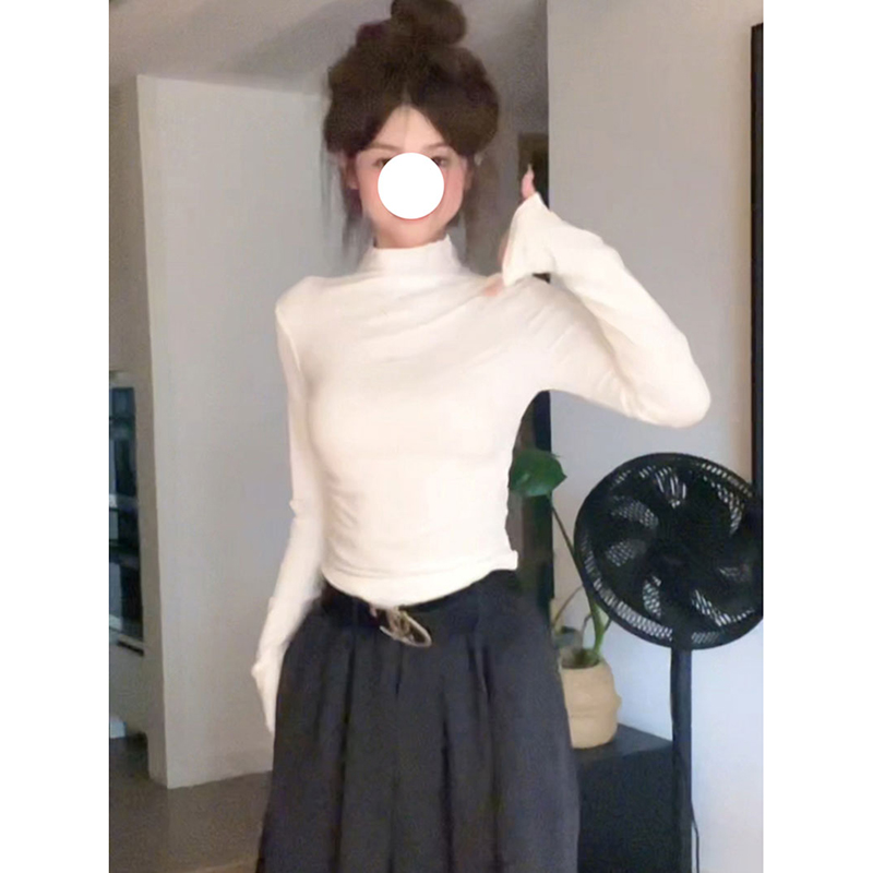德絨磨毛白色打底衫女內搭秋冬季長袖t恤半高領緊身短款加絨上衣