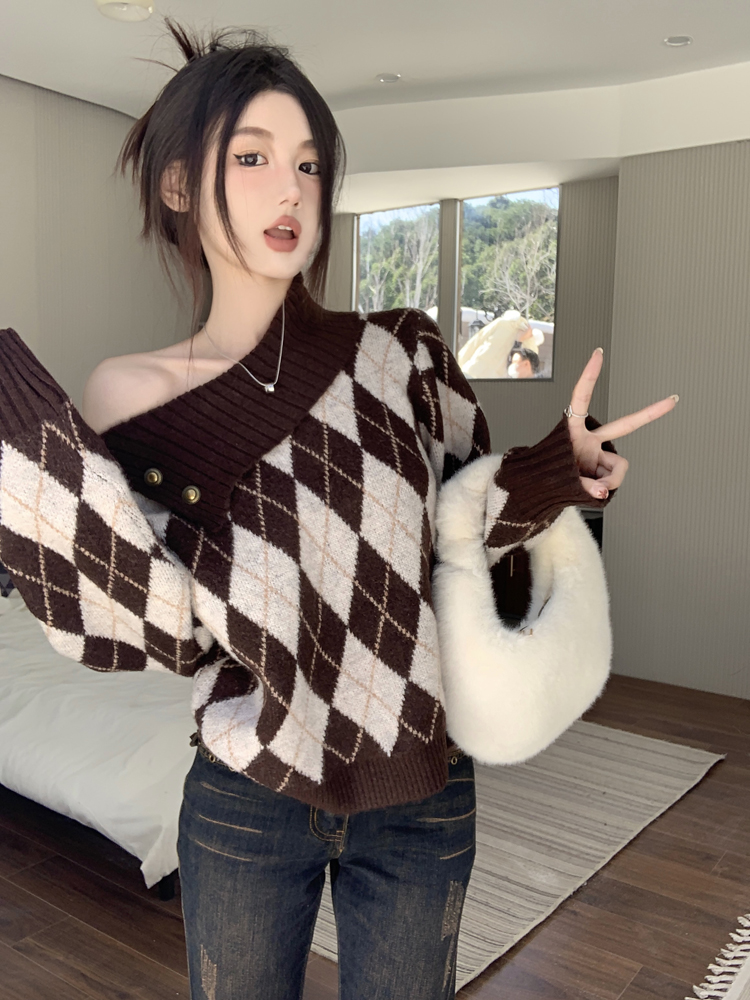 實拍 辣妹翻領紐扣菱形提花短款針織衫
