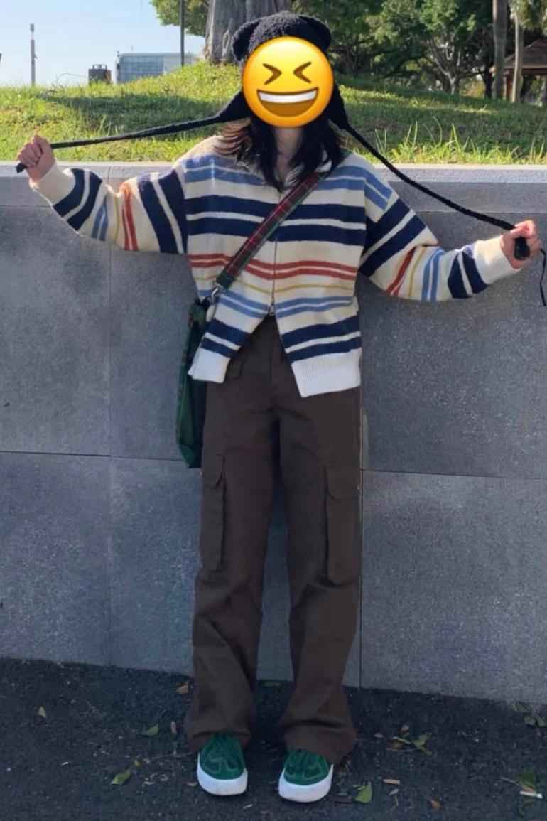 超軟糯！復古彩虹條紋翻領拉鏈開衫毛衣女秋裝新款百搭針織衫外套