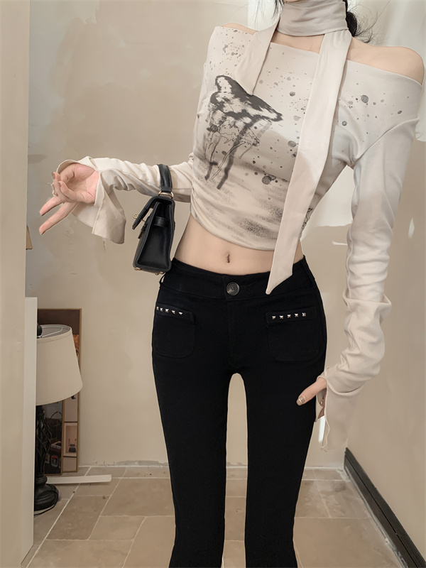 實拍 2023修身彈力復古朋克鉚釘低腰牛仔喇叭褲女