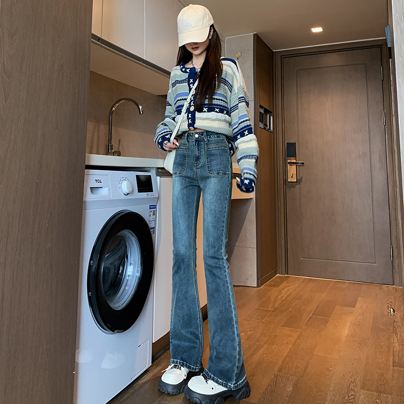 實拍2024早春牛仔褲女毛邊高腰顯瘦小個子微喇叭褲子女