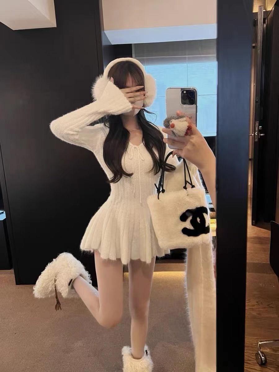 IN MIMIFACE 芭蕾風毛線蓬蓬裙高腰顯瘦短裙純欲性感蛋糕連衣裙女