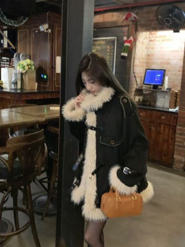 Actual shot~Korean style loose thickened leather motorcycle fur one-piece jacket