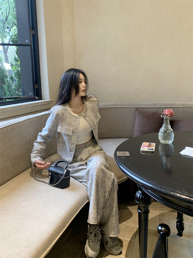 實拍~小香風高級感灰色西裝外套+高腰顯瘦闊腿褲潮