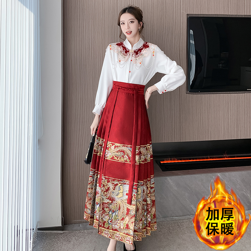 實拍  漢服鳳凰仿妝花長款馬面裙新中式敬酒服訂婚女紅色日常