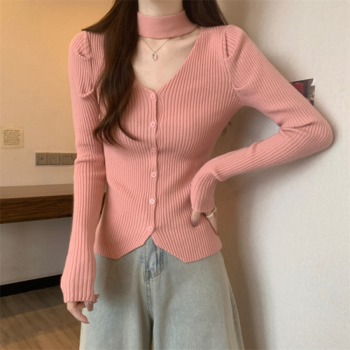 Actual shot of pure desire design, halter neck, hollow puff sleeves knitted top for women