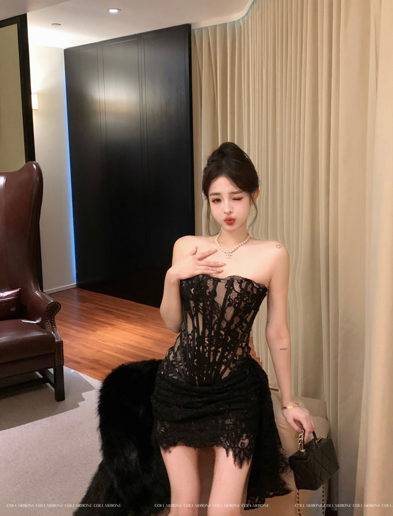 Real shot of lace sexy hip-hugging dress for women new herringbone patchwork waist skirt