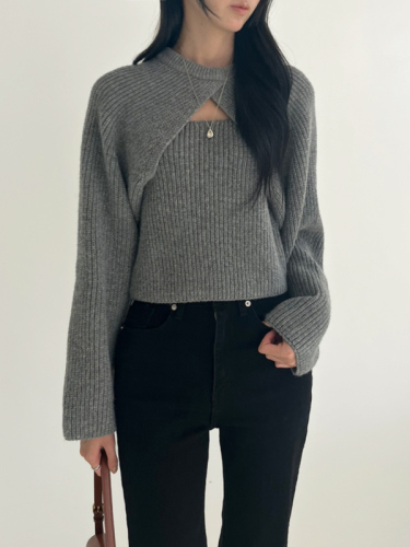 韩国chic新款法式设计感披肩长袖毛衣+吊带衫两件套