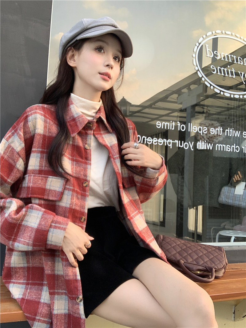 實拍新款 韓系復古格紋翻領磨毛寬鬆長袖襯衣外套