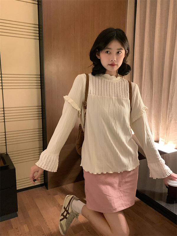 實拍   秋冬甜美設計感花邊領肌理感萬能打底長袖內搭