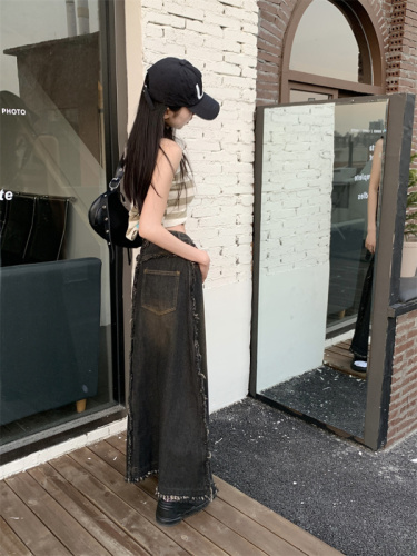 Actual shot of Korean style loose high-waist raw edge slimming A-line long skirt denim skirt