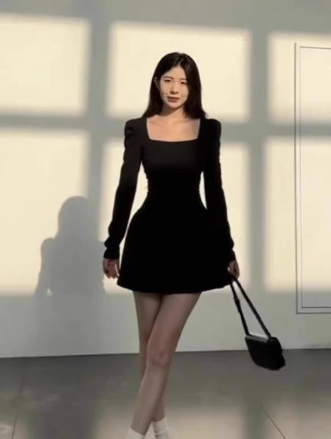 純欲法式a字收腰連衣裙女小香風個子氣質禮服黑裙