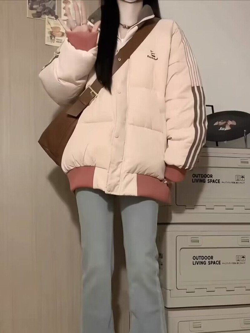 美式學院風撞色條紋立領棉服女冬季寬鬆韓系chic港風棉衣外套國潮