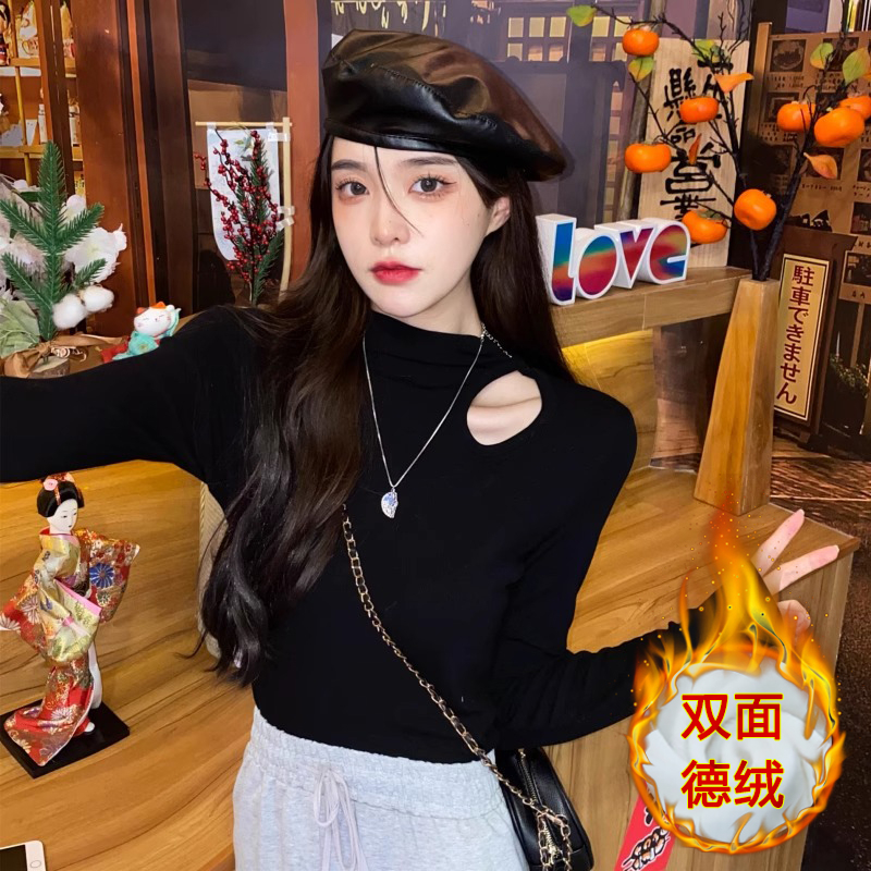 官圖 德絨加厚半高領保暖打底衫女長袖秋冬內搭破洞T恤上衣
