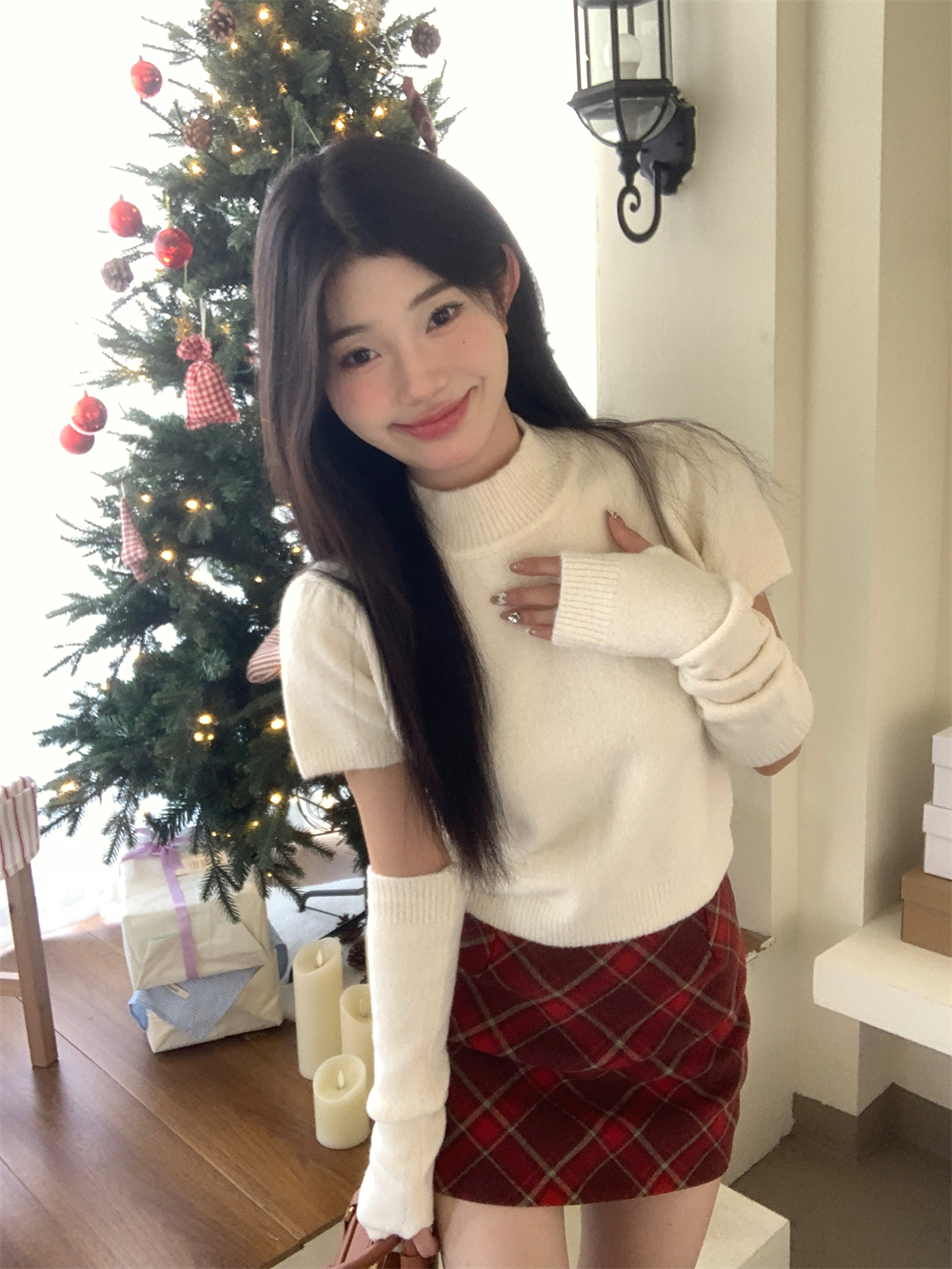 實拍聖誕穿搭紅色半高領泡泡袖針織衫短款可拆卸袖套毛衣女