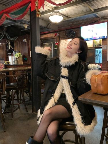 Actual shot~Korean style loose thickened leather motorcycle fur one-piece jacket
