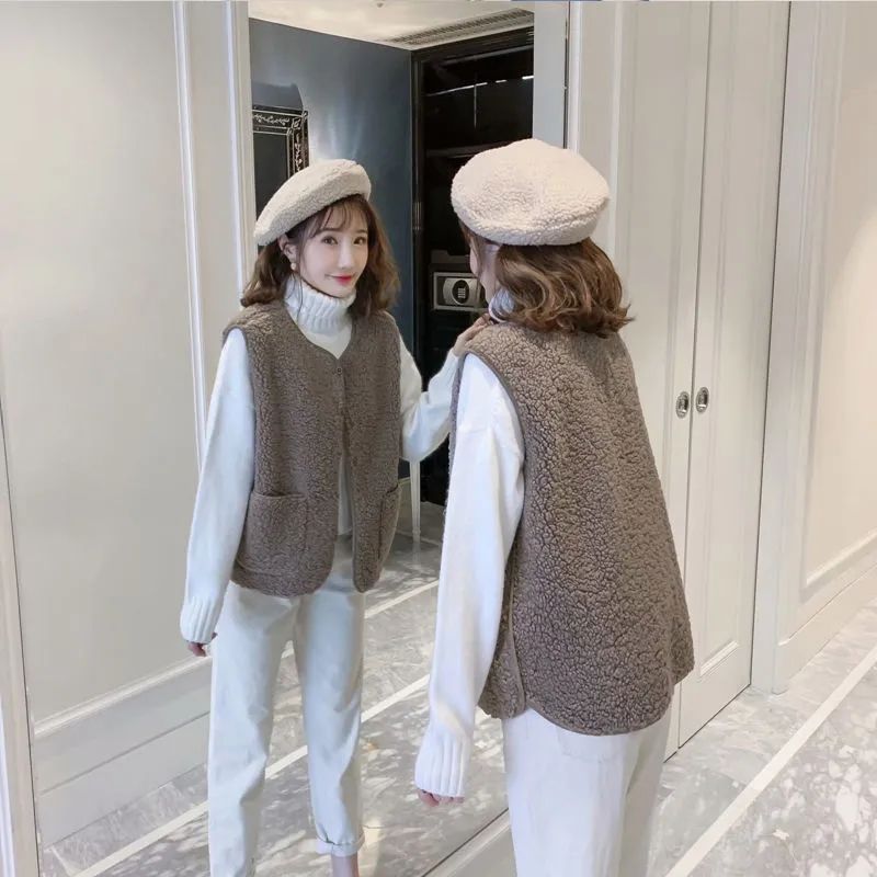 2023春款紐扣款羊羔毛馬甲女外穿時尚保暖百搭坎肩背心純色短款潮