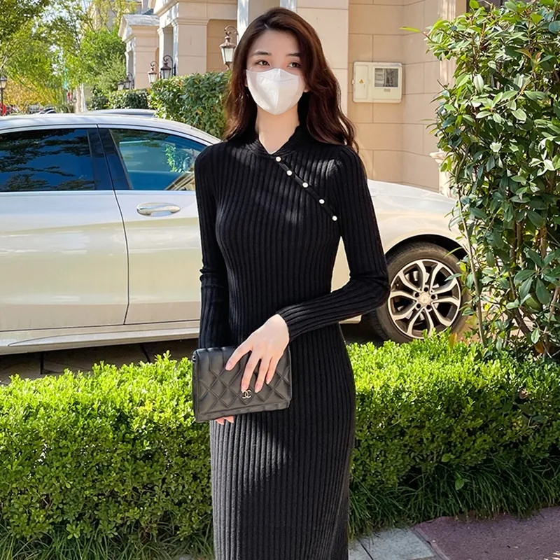 天貓質量新中式改良旗袍針織連衣裙修身顯瘦中長款開叉毛衣裙