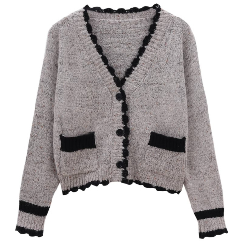 Korean style simple contrasting edge V-neck sweater jacket for women autumn 2024 new casual short loose knitted top