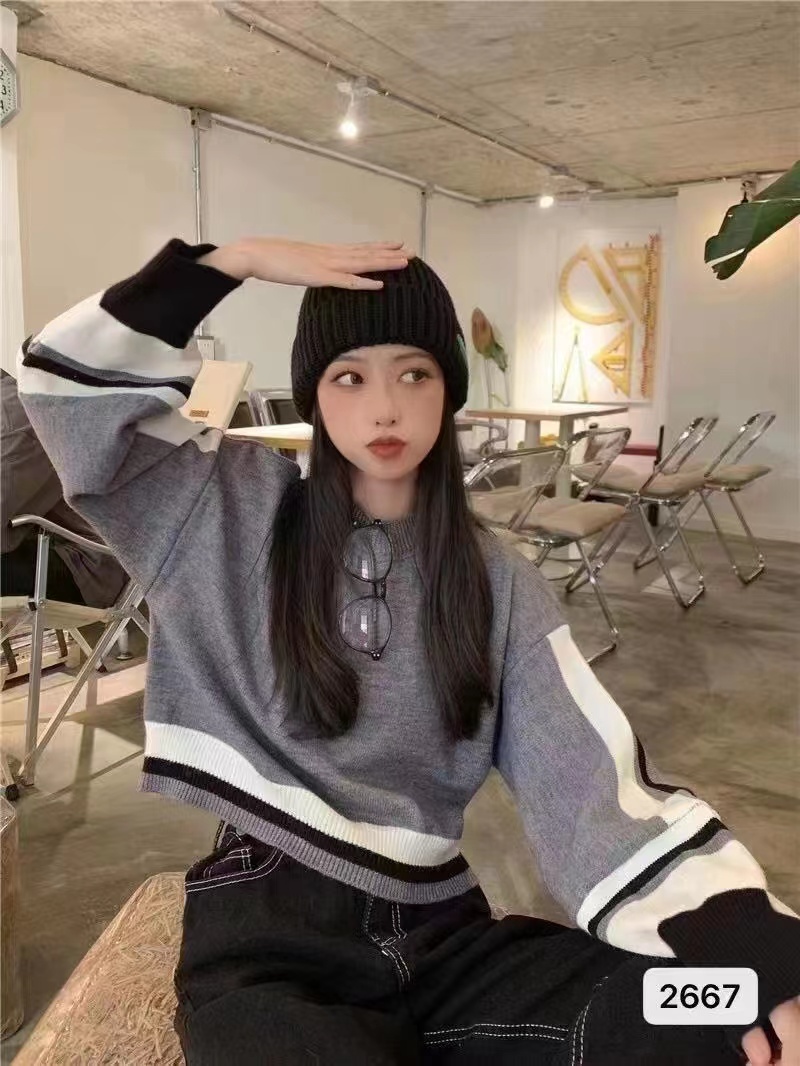 慵懶風燈籠袖毛衣女秋冬裝設計感小眾寬鬆套頭短款撞色針織衫上衣