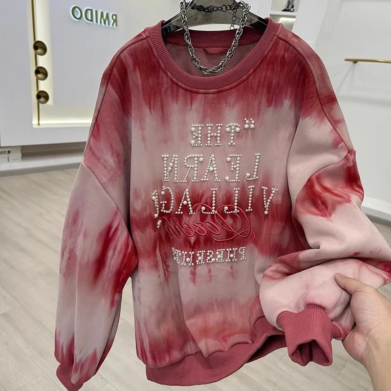 重工釘珠刺繡加絨衛衣女2023秋冬新款扎染印花慵懶風寬鬆洋氣上衣
