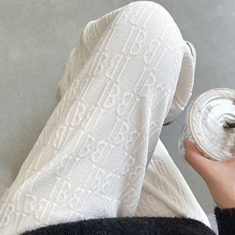 Autumn Thickened Autumn and Winter Fashion Jacquard Letter White Wide Leg Pants Women's High Waist Loose Extended Floor-Mopping Pants Women