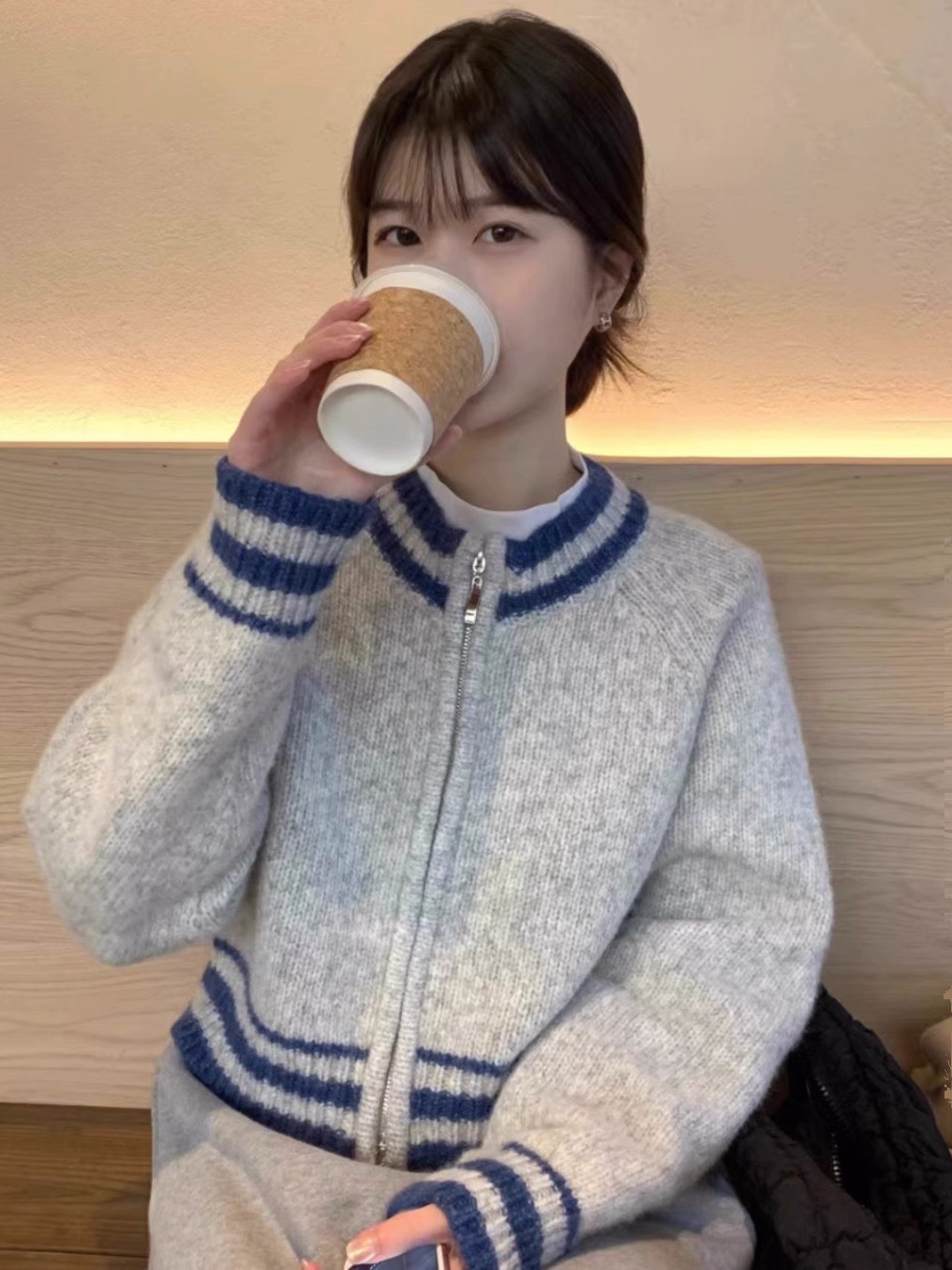 浣熊絨拉鏈毛衣外套女春秋冬日系慵懶復古設計感短款針織開衫上衣