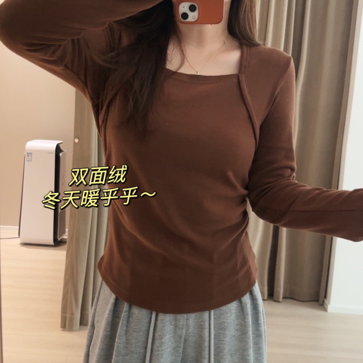 大碼女裝設計感方領正肩德絨長袖t恤秋冬新款遮肉顯瘦打底衫上衣