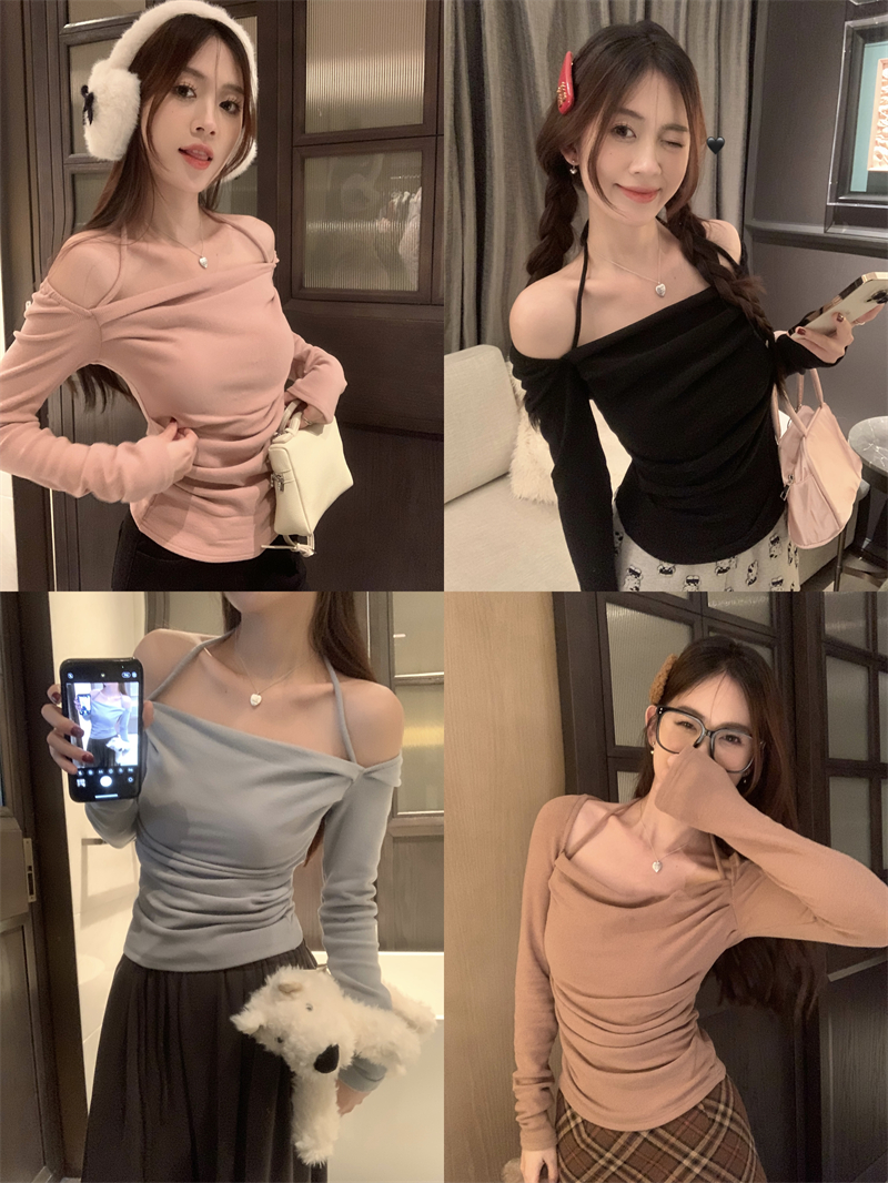 實拍~ 盪領設計心機露膚長袖女秋冬季修身內搭T恤