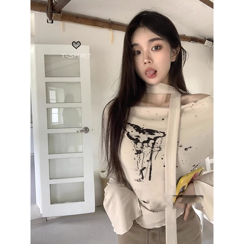 高彈羅紋德絨 復古印花露肩T恤女小眾修身顯瘦短款上衣
