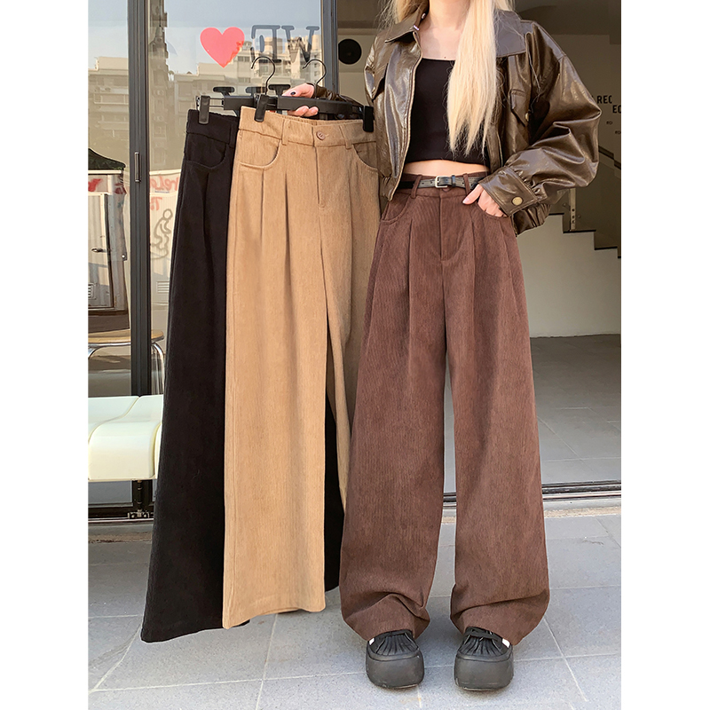 2023 autumn and winter new style elastic waist corduroy straight personality bag casual pants for women