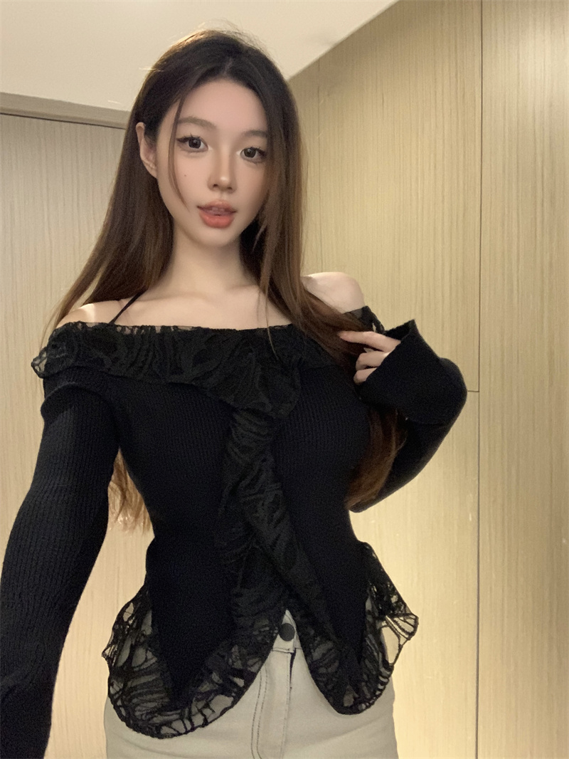 實拍 花仙子的夢蕾絲重工拼接顯瘦不規則掛脖針織上衣
