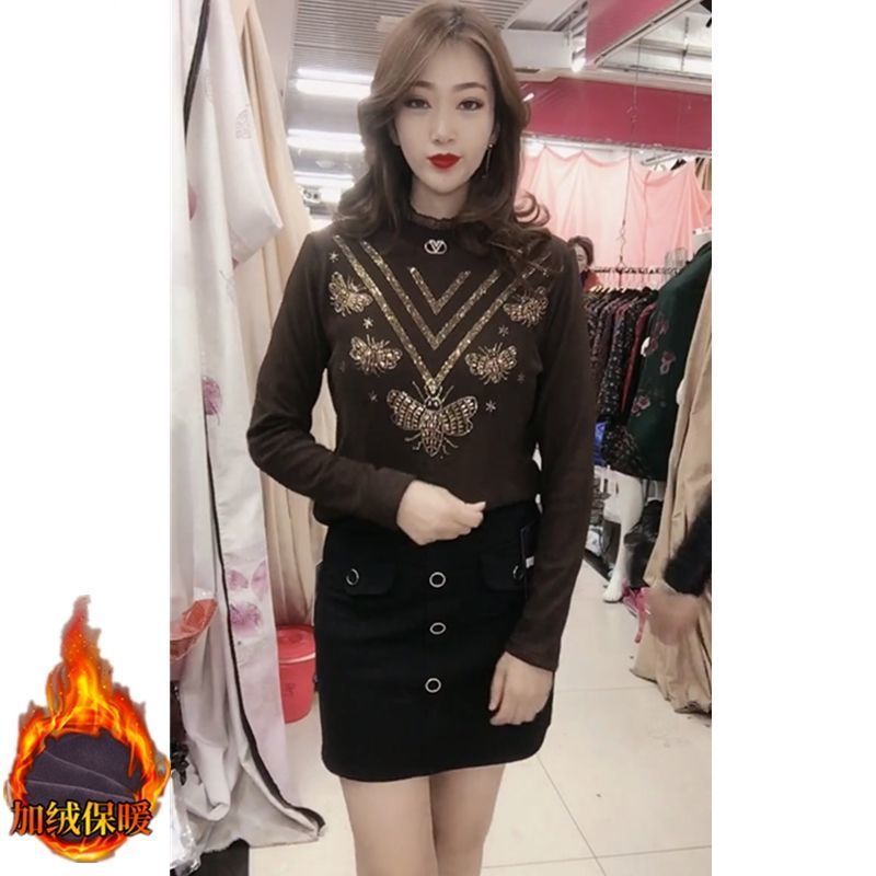 春季打底衫女長袖秋冬2023新款媽媽裝燙鑽洋氣半高領內搭上衣t恤