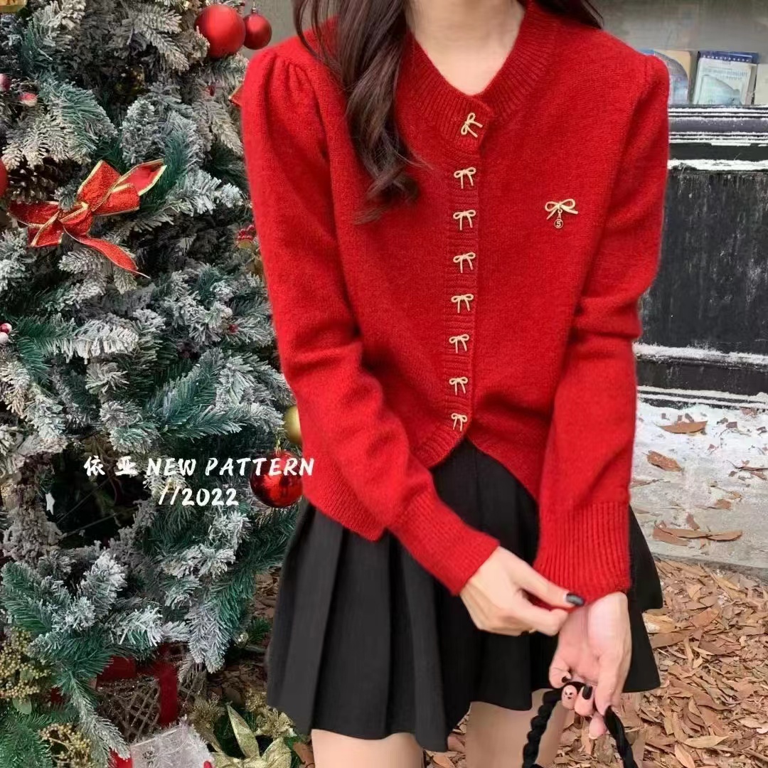 小香風聖誕過年本命年紅色蝴蝶結毛衣外套女秋冬加厚冬季針織開衫
