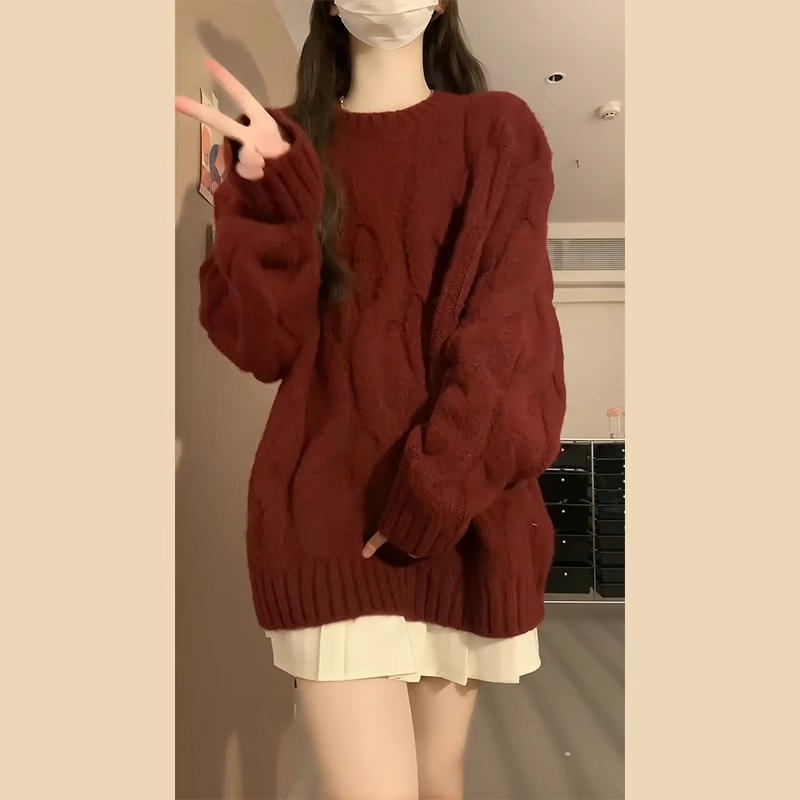 今年流行漂亮設計感紅色聖誕寬鬆加厚大毛衣女2023新款秋冬季穿搭