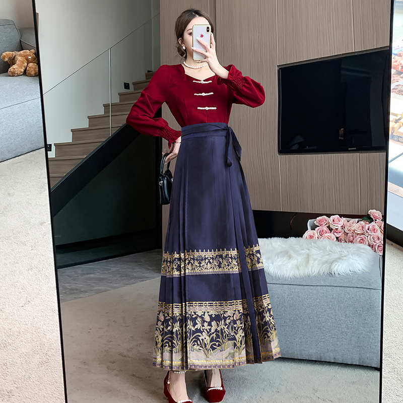 實拍 新中式國風藍色百搭馬面裙漢服女敬酒服婚服兩色襯衫套裝冬