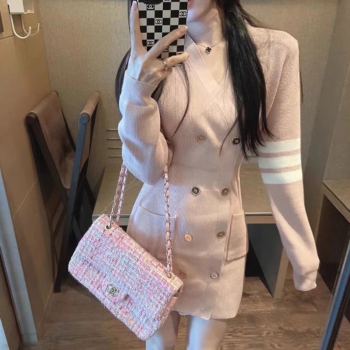 小個子v領修身毛衣打底包臀短裙子秋冬長袖收腰小香風針織連衣裙