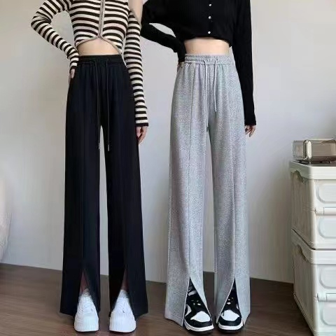 開叉褲子女直筒寬鬆灰色運動褲新款夏季闊腿褲綁帶高腰休閒褲