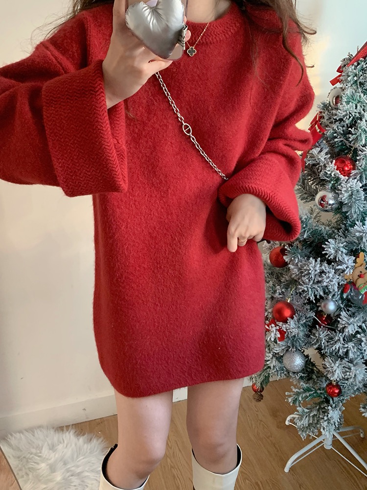 法式紅色聖誕毛衣連衣裙女中長款慵懶風新年戰袍過年衣服針織衫冬
