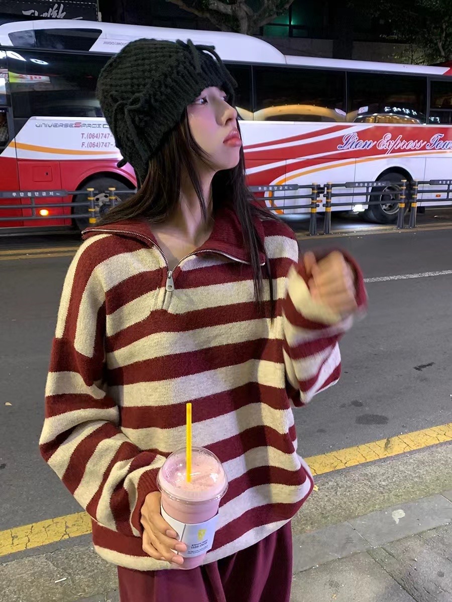 馨幫幫  慵懶風半拉鏈復古撞色條紋毛衣女2023秋冬顯瘦百搭個性