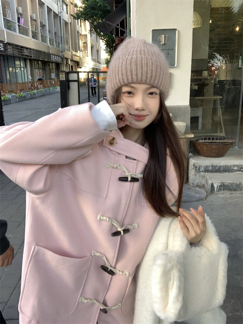 實拍~初戀水蜜桃 冬季中長款牛角扣毛呢外套連帽呢子大衣