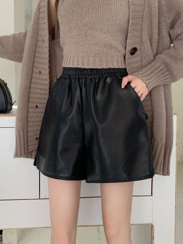 Actual shot~Leather shorts for women 2023 autumn and winter high-waisted slimming versatile leather pants wide-leg elastic a-line outer boot pants