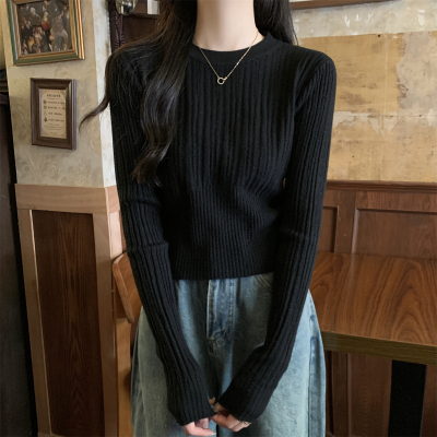 2023秋冬設計感坑條修身短款毛衣女保暖內搭上衣安迪絨打底針織衫