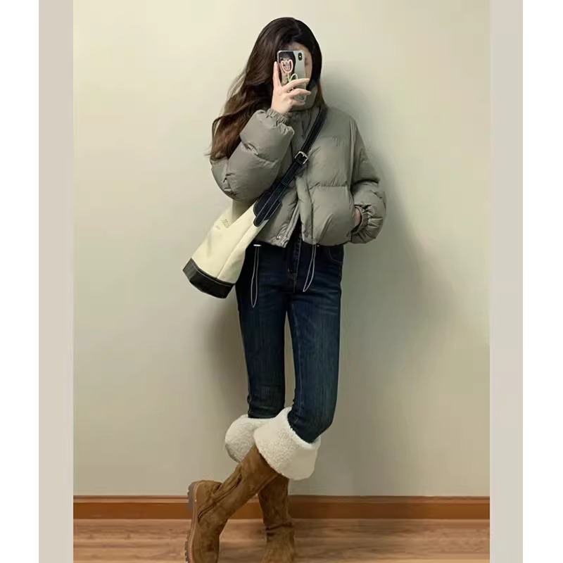 Gray short down jacket for women 2023 winter new loose thickened 90 white duck down small man jacket