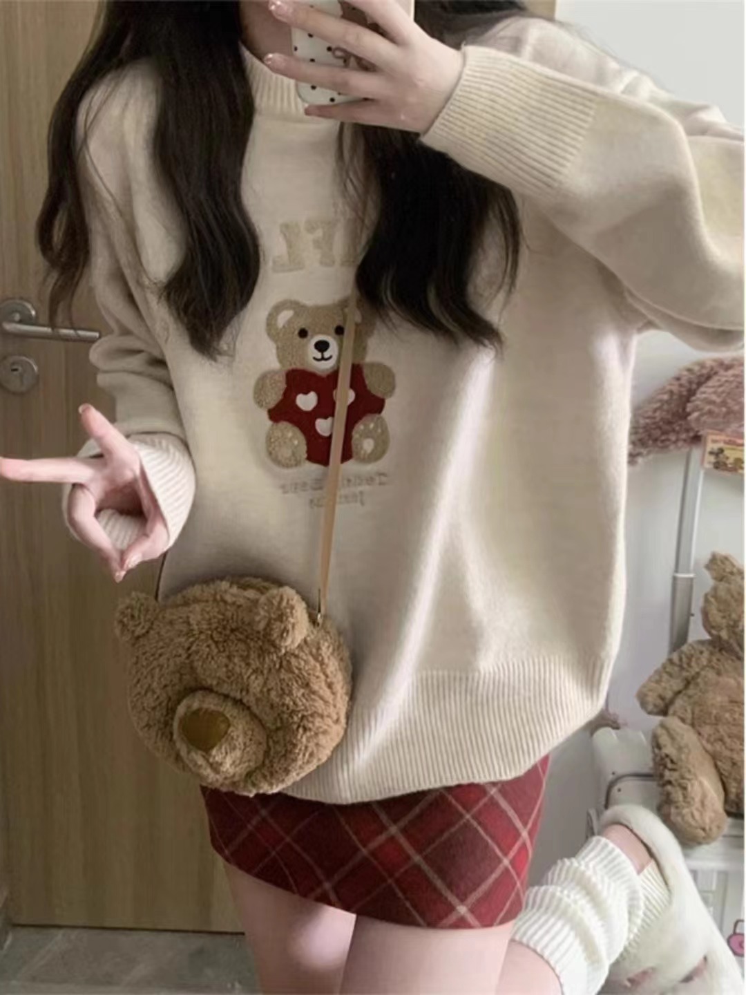 2024秋冬新款韓國復古重工刺繡小熊毛巾繡套頭圓領毛衣女針織衫