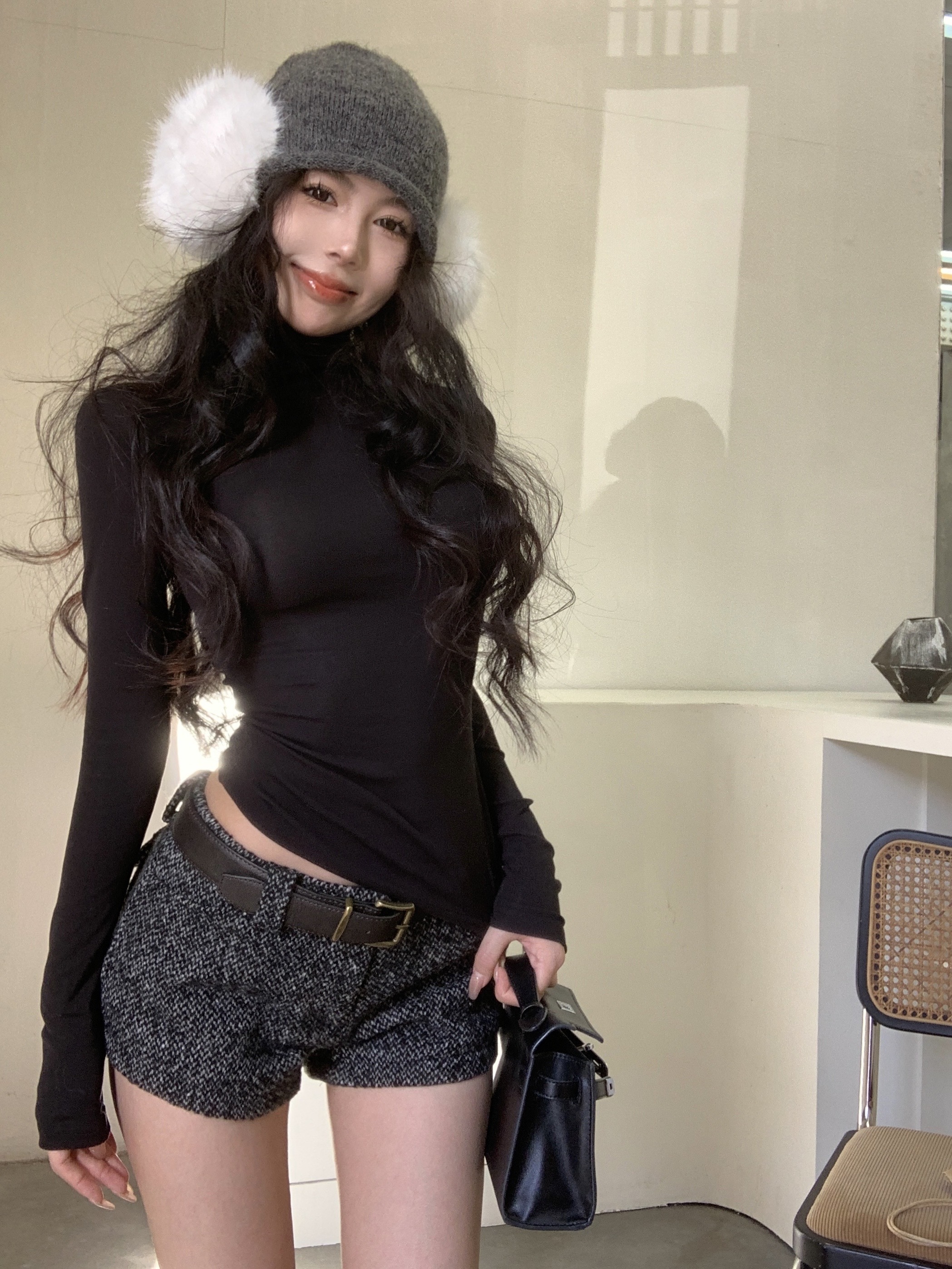實拍 修身顯瘦半高領彈力打底衫上衣低腰毛絨格紋直筒短褲