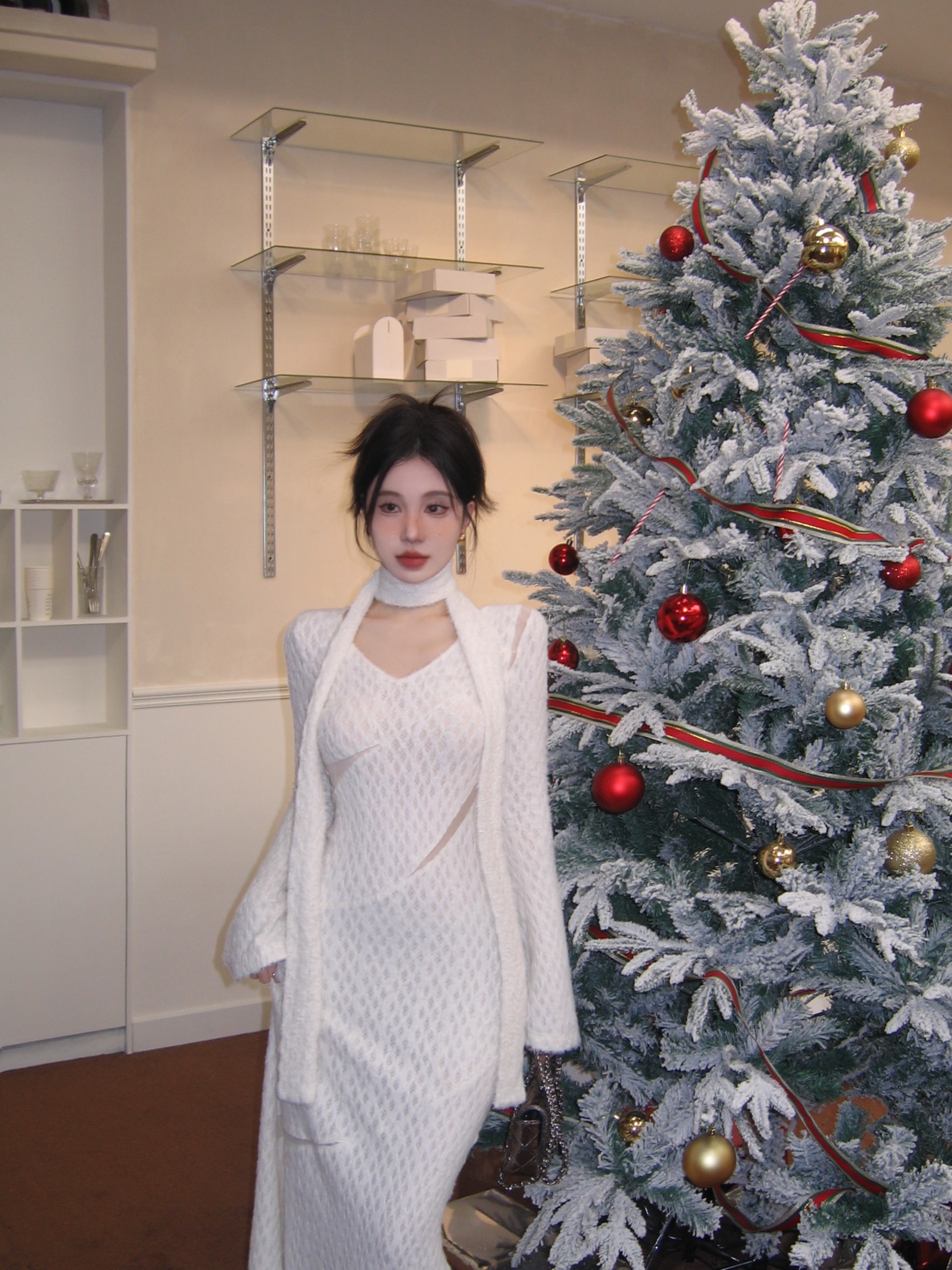 Real shot of autumn and winter design hollow dress long skirt velvet flower long sleeves with slim skirt inside