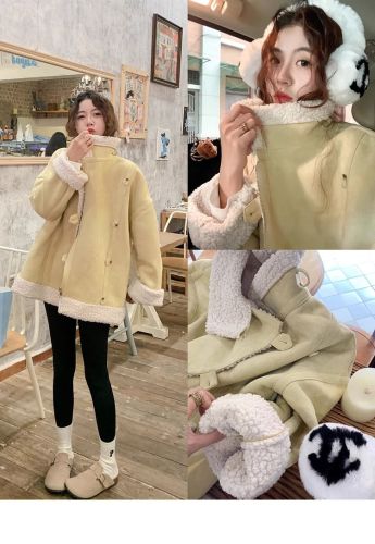 Fur one-piece suede lamb plush jacket for women winter 2023 new Korean style small thickened motorcycle jacket trendy